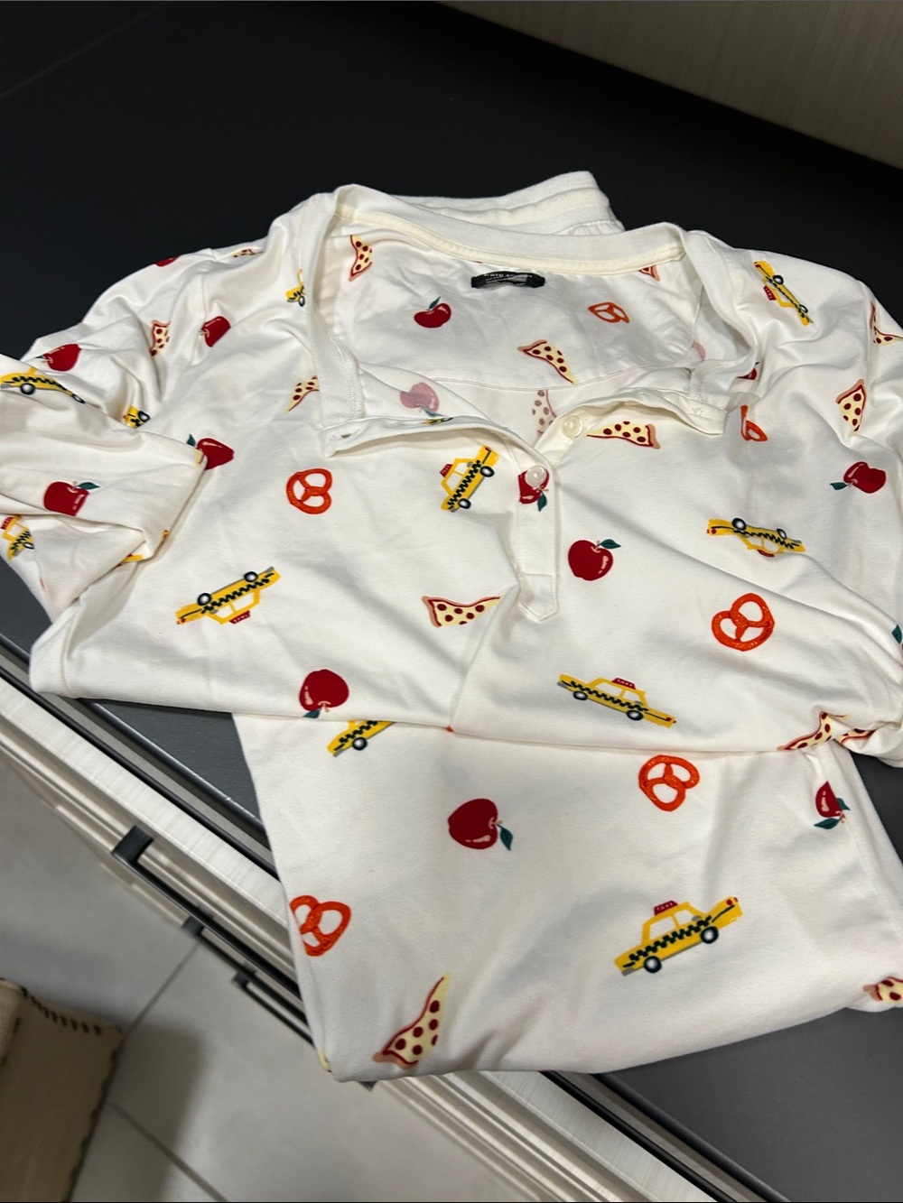 kate spade Cream Pajama Top with Red, Yellow and Orange Food & Taxi Print